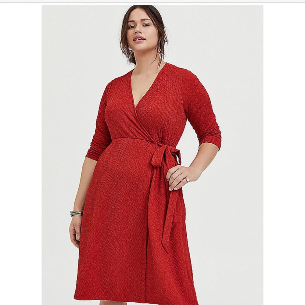Torrid Red Terracotta Textured Surplice Above-the-Knee Wrap Dress NWTs